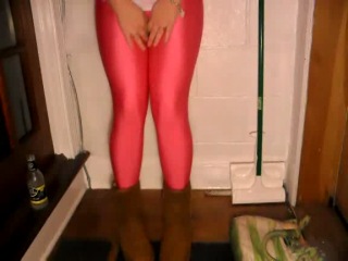 natalee pisses her pink shinny leggings and ugg boots